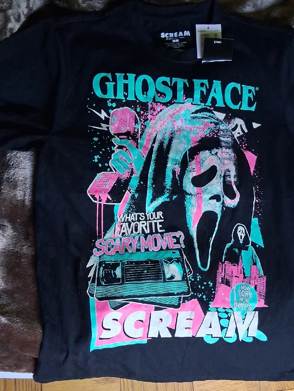 Scream Ghost Face Kids Graphic Tee - Black with Pink & Teal